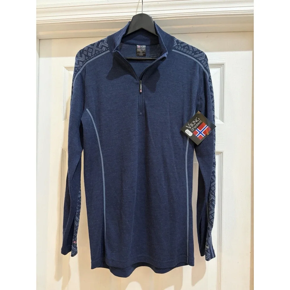 NWT Viking of Norway Merino Wool Bamboo Quarter Zip Top Blue Size S